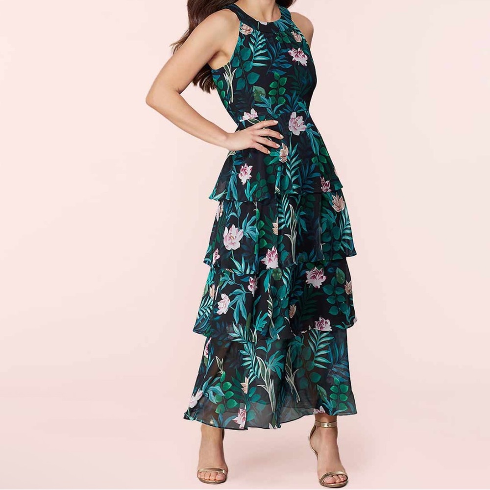 SLNY Tropical Floral Print Sleeveless Ruffled Maxi Dress Size 6